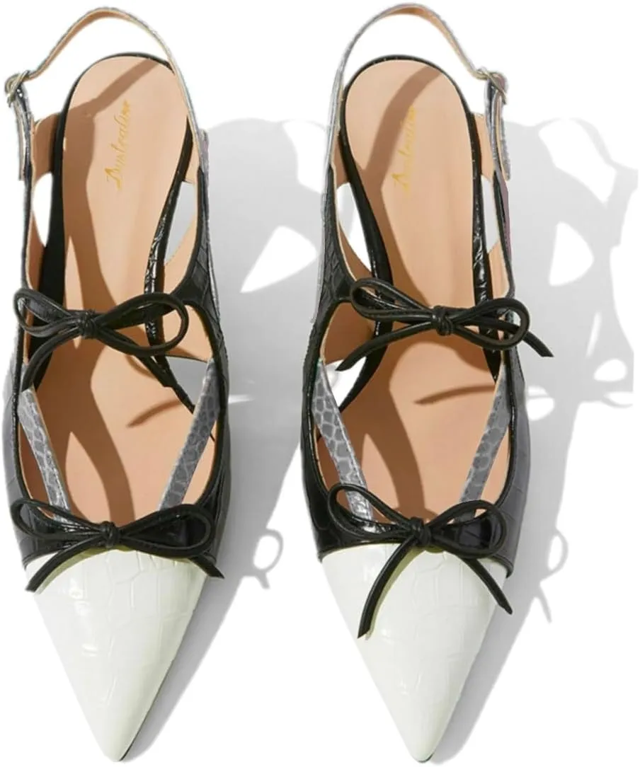 Women Kitten Heel Pointed Toe Slingback Sandals Bow Crocodile Sandal Heels Cap Toe 2 inch Thin Heel Slingback Pumps Two Tone Strappy Sexy Fashion Wedding Party 4-11 M US