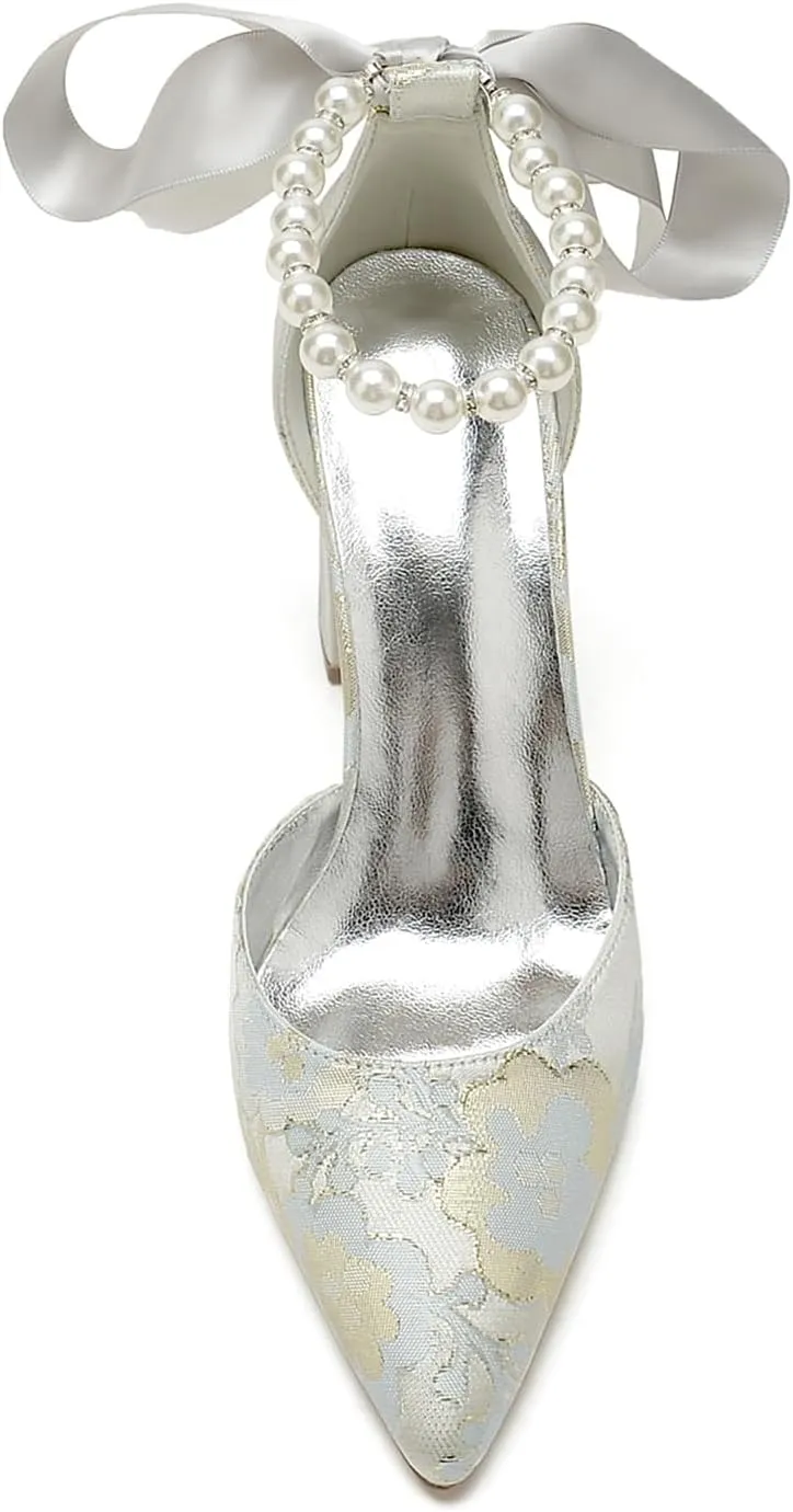 Women Pearl Bridal Silk Wedding Shoes Buckle Pointed Toe Satin Pumps High Heel Prom Shoes