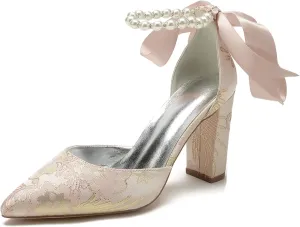 Women Pearl Bridal Silk Wedding Shoes Buckle Pointed Toe Satin Pumps High Heel Prom Shoes