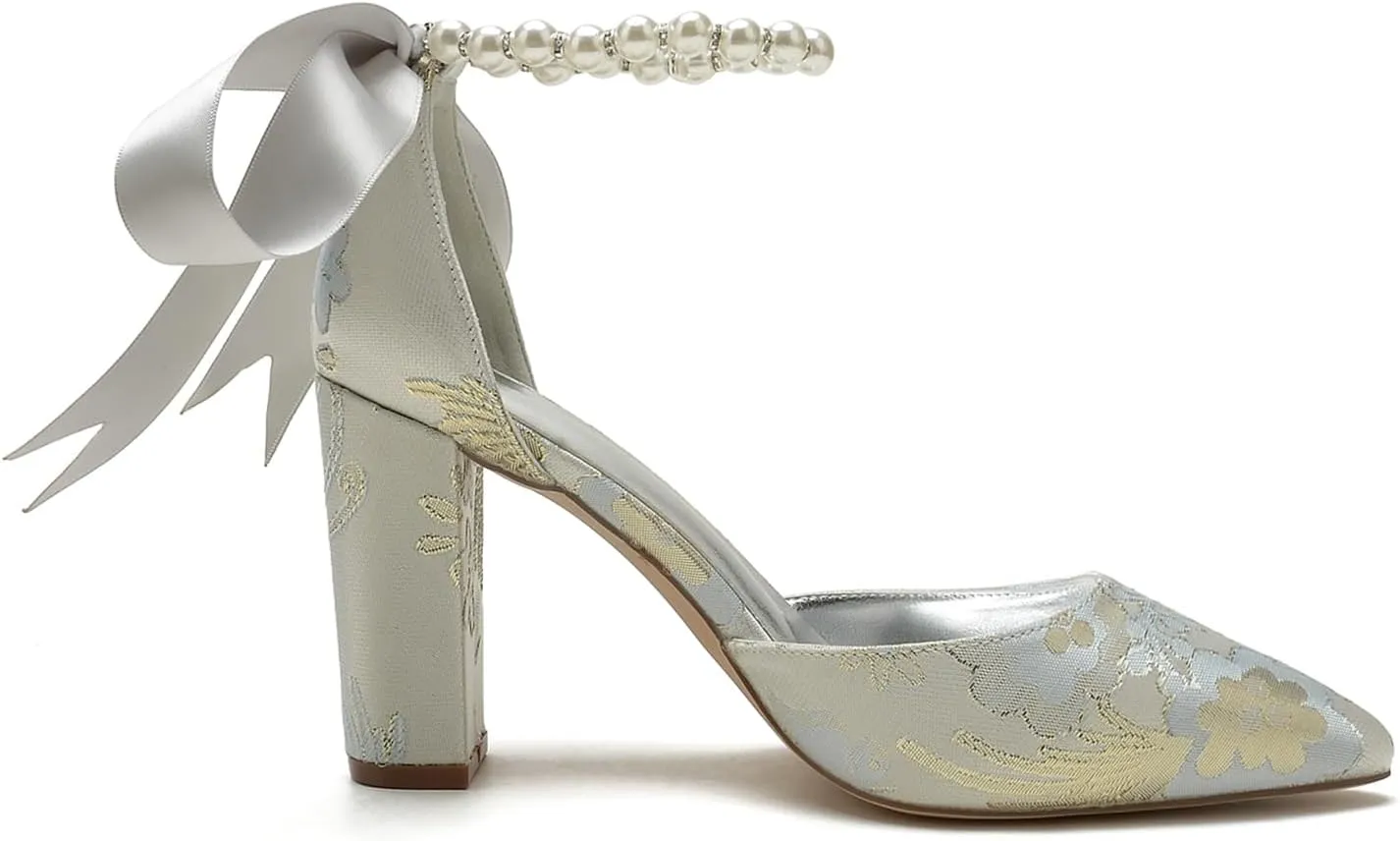 Women Pearl Bridal Silk Wedding Shoes Buckle Pointed Toe Satin Pumps High Heel Prom Shoes