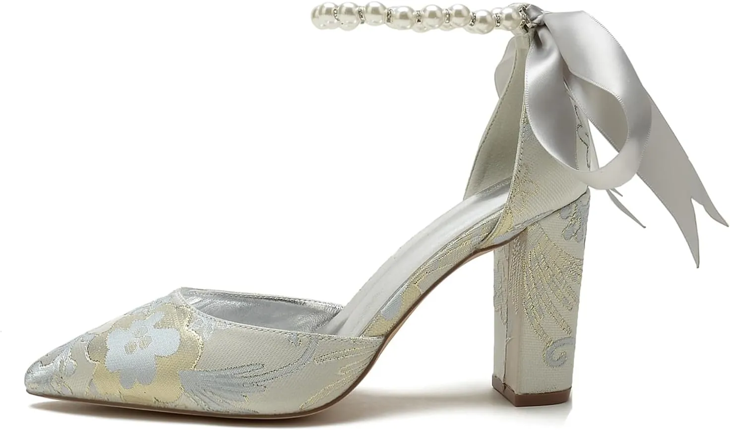 Women Pearl Bridal Silk Wedding Shoes Buckle Pointed Toe Satin Pumps High Heel Prom Shoes