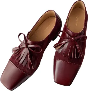 Women Tassel Loafer Flats Square Closed Toe Wingtip Bow Oxford Shoes Slip On Low Chunky Block Heel Penny Loafers Fringe Two-Toned Patchwork Dressy Vintage Office Work Shoes Chic 4-11 M US
