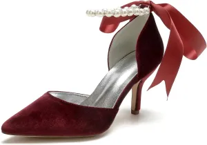 Women Velvet Bridal Wedding Shoes Pointed Toe Pumps High Heel Buckle Pearl Prom Shoes