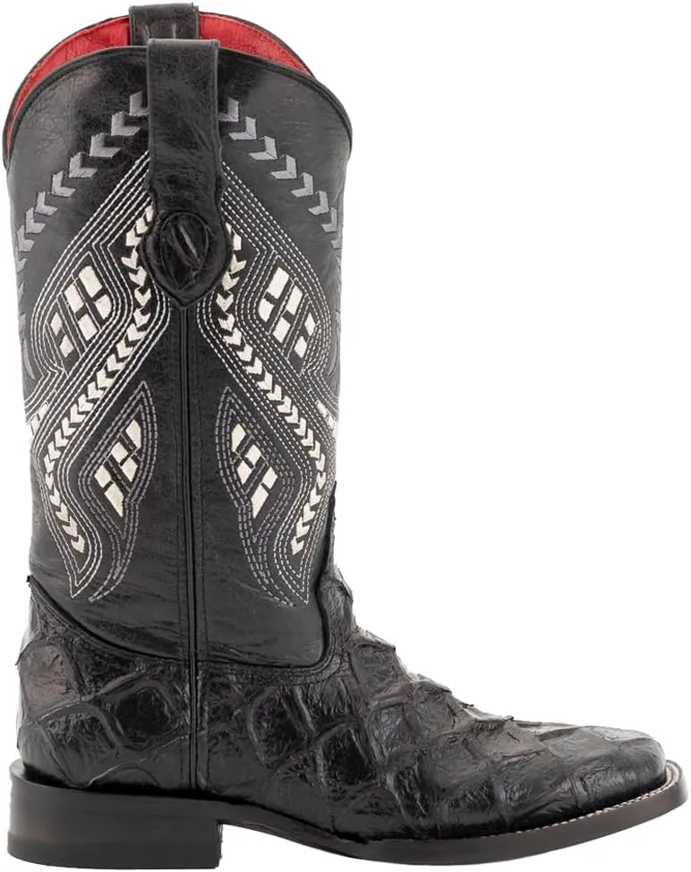 Womens Bronco Pirarucu Print Embroidered Square Toe Casual Boots Mid Calf Low Heel 1-2" - Black - Size 7 B