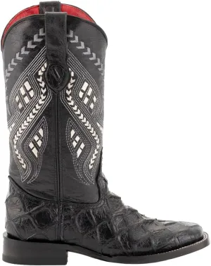 Womens Bronco Pirarucu Print Embroidered Square Toe Casual Boots Mid Calf Low Heel 1-2" - Black - Size 7 B