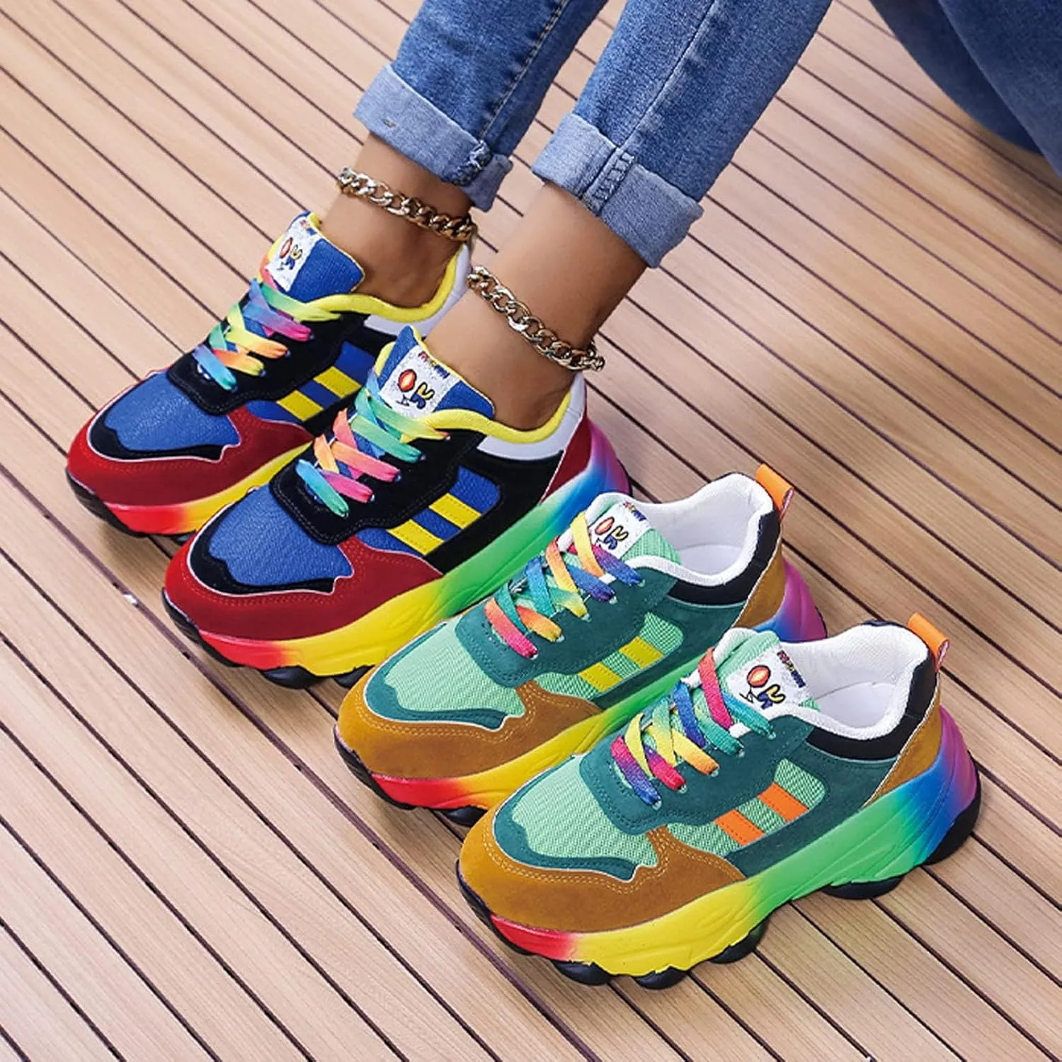 Women's Comfortable Stylish Rainbow Sneakers, Lace Up Orthopedic Arch Wide Foot Sneakers for Outdoor Workout