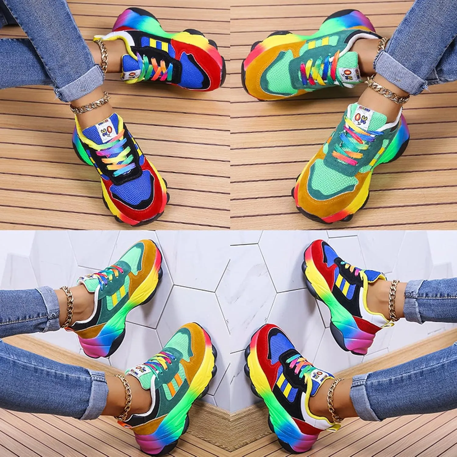 Women's Comfortable Stylish Rainbow Sneakers, Lace Up Orthopedic Arch Wide Foot Sneakers for Outdoor Workout