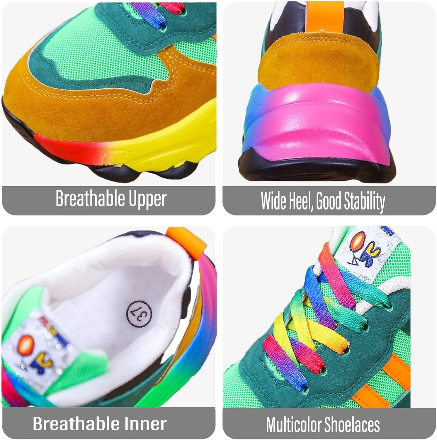 Women's Comfortable Stylish Rainbow Sneakers, Lace Up Orthopedic Arch Wide Foot Sneakers for Outdoor Workout