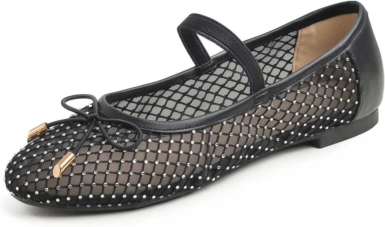 Women's Fashion Mesh Soft Mary Jane Round Toe Sparkle Flats