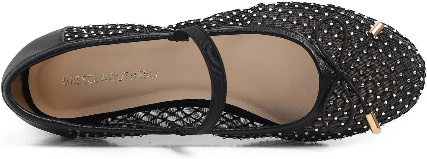 Women's Fashion Mesh Soft Mary Jane Round Toe Sparkle Flats