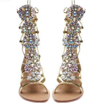 Women's Flat Rhinestone Summer Bandage Bling Sandals Gladiator Wedding Bridal Banquet High End Dress Sexy Silver Gold Beach Sandals