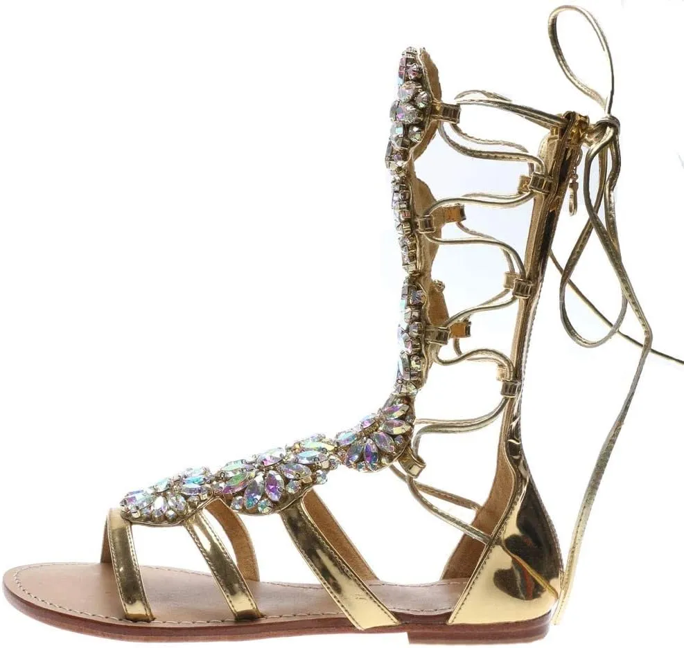 Women's Flat Rhinestone Summer Bandage Bling Sandals Gladiator Wedding Bridal Banquet High End Dress Sexy Silver Gold Beach Sandals