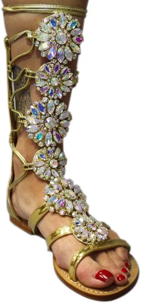 Women's Flat Rhinestone Summer Bandage Bling Sandals Gladiator Wedding Bridal Banquet High End Dress Sexy Silver Gold Beach Sandals