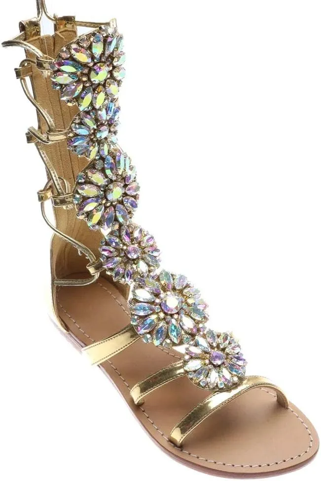 Women's Flat Rhinestone Summer Bandage Bling Sandals Gladiator Wedding Bridal Banquet High End Dress Sexy Silver Gold Beach Sandals