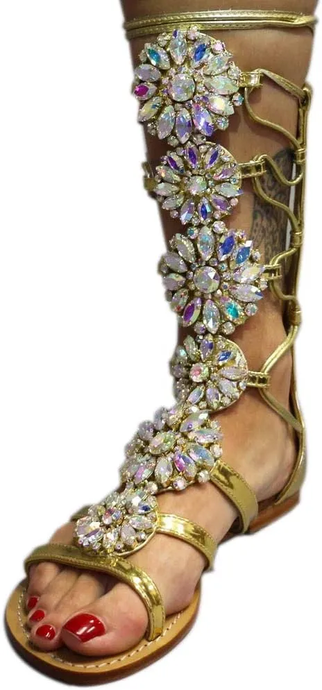 Women's Flat Rhinestone Summer Bandage Bling Sandals Gladiator Wedding Bridal Banquet High End Dress Sexy Silver Gold Beach Sandals