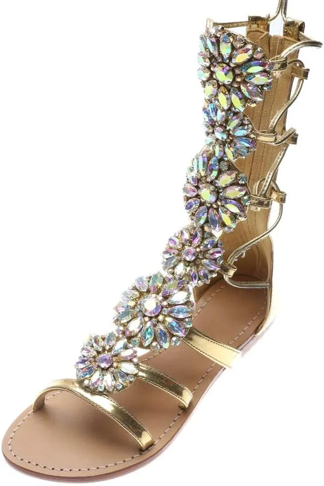 Women's Flat Rhinestone Summer Bandage Bling Sandals Gladiator Wedding Bridal Banquet High End Dress Sexy Silver Gold Beach Sandals