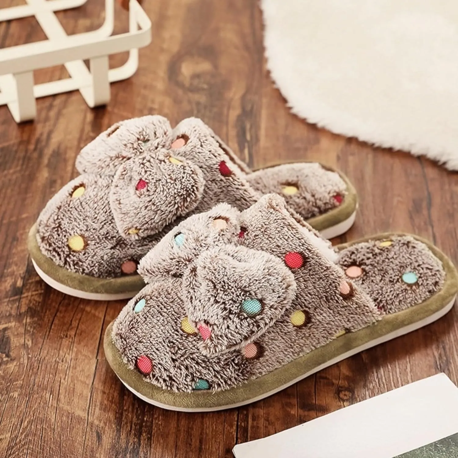Women's Fleece Bow House Slippers Indoor Soft Comfy Cozy Plush Slip On Slippers with Bows Cute Winter Warm Bow Tie Fuzzy Bedroom Slippers Shoes Lightweight Non Slip