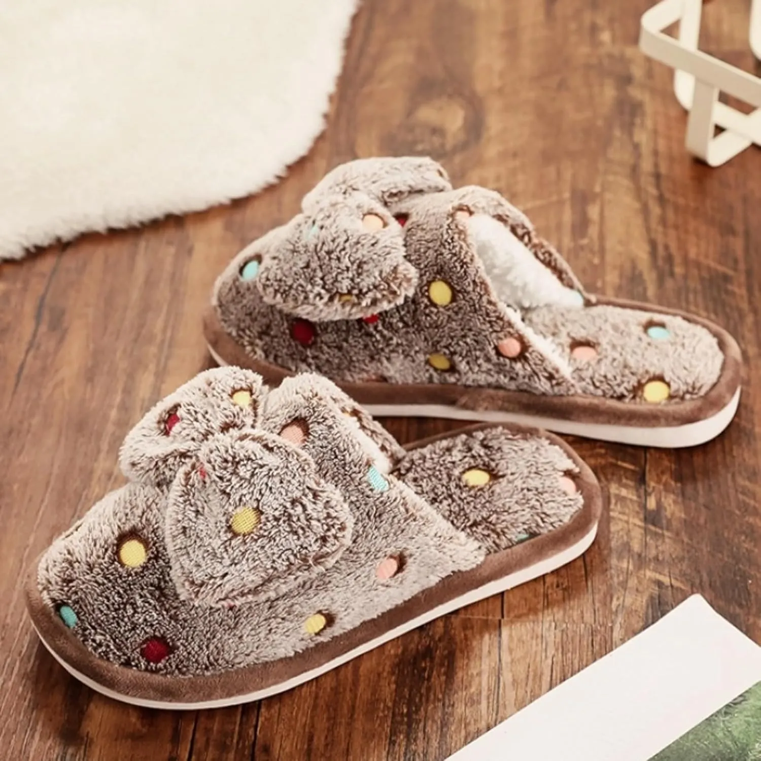 Women's Fleece Bow House Slippers Indoor Soft Comfy Cozy Plush Slip On Slippers with Bows Cute Winter Warm Bow Tie Fuzzy Bedroom Slippers Shoes Lightweight Non Slip