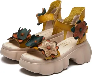 Women's Genuine Leather Platform Flower Sandals with Adjustable Hook Loop Round Open Toe Soft Sole Non-Slip Summer Casual High Top Dressy Roman Sandals