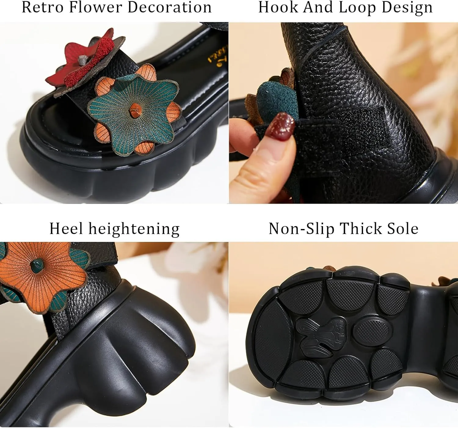 Women's Genuine Leather Platform Flower Sandals with Adjustable Hook Loop Round Open Toe Soft Sole Non-Slip Summer Casual High Top Dressy Roman Sandals
