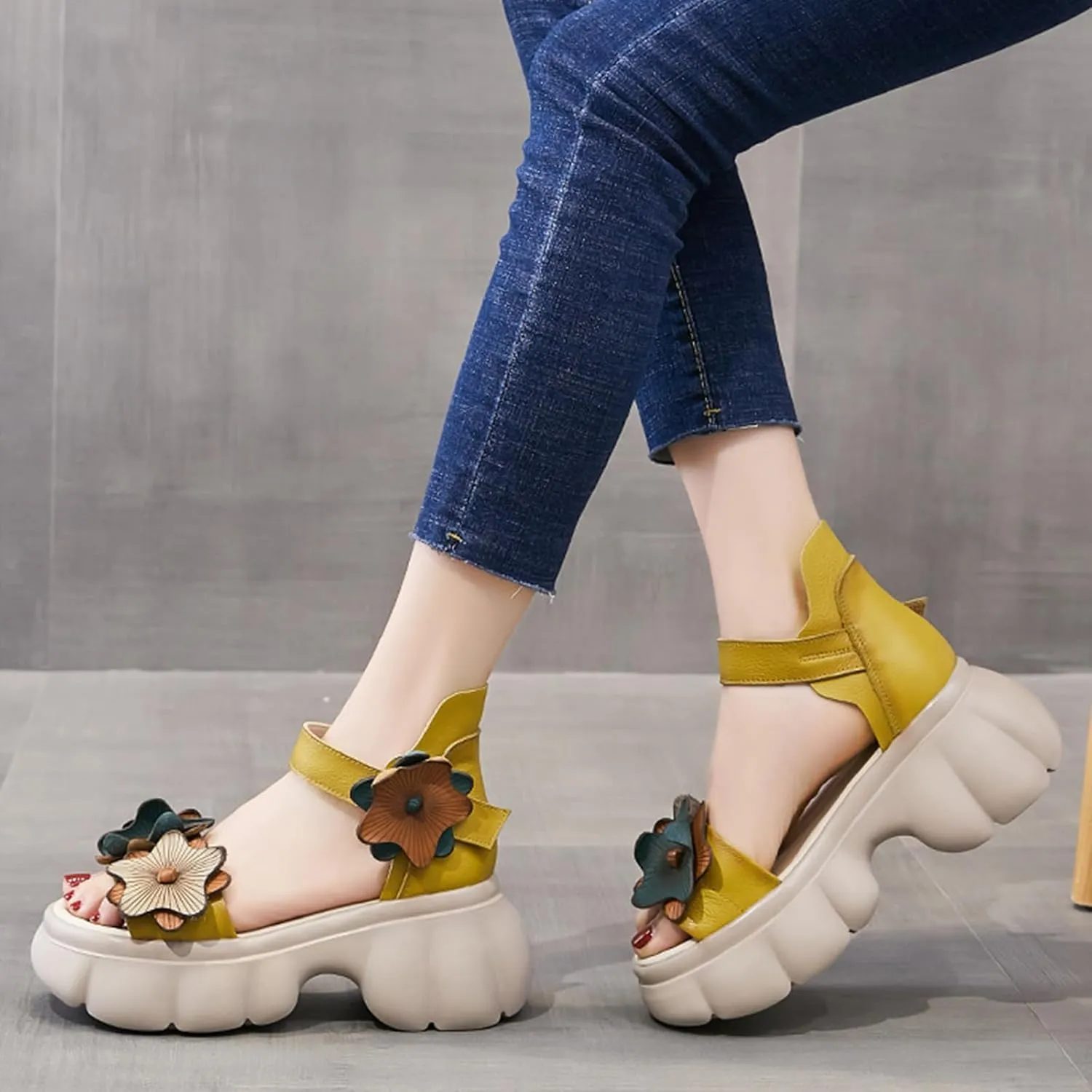 Women's Genuine Leather Platform Flower Sandals with Adjustable Hook Loop Round Open Toe Soft Sole Non-Slip Summer Casual High Top Dressy Roman Sandals