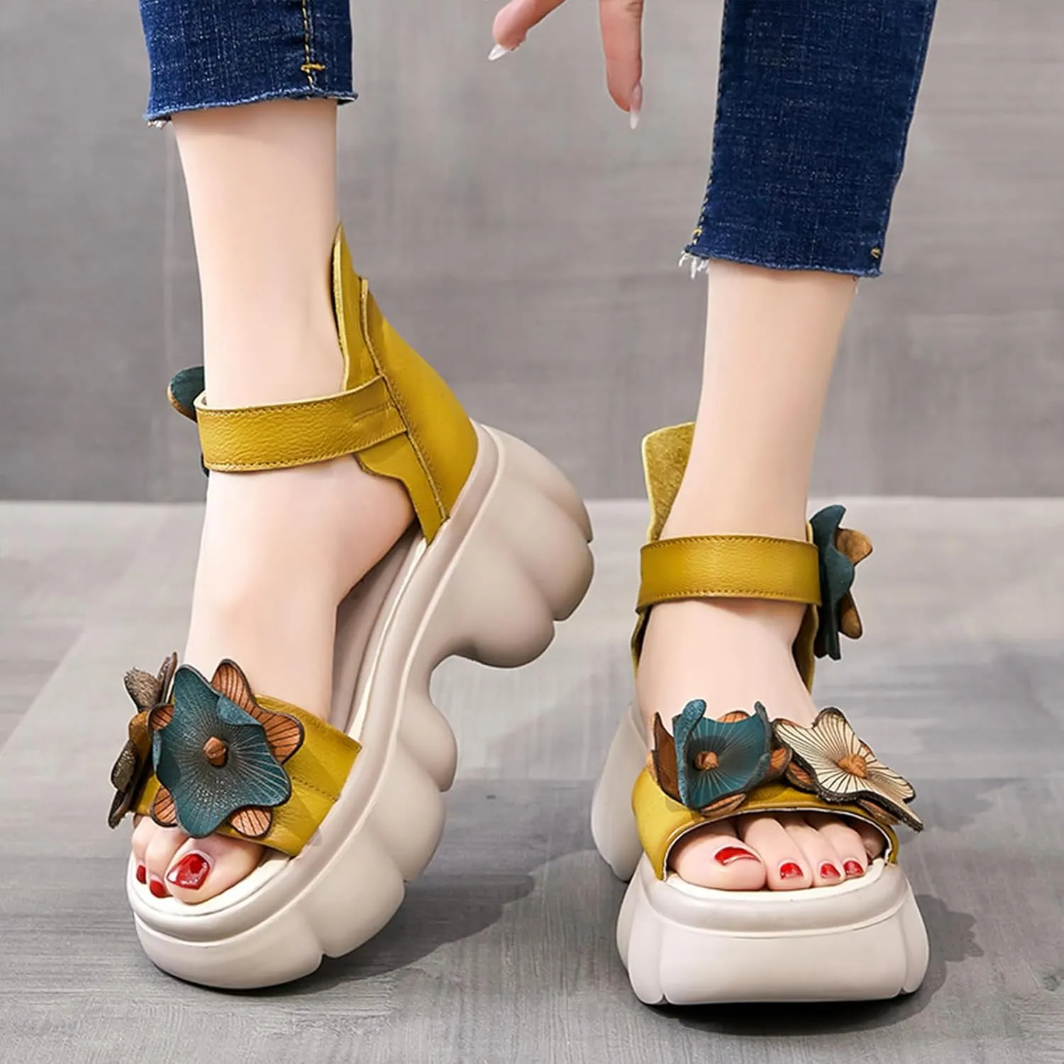 Women's Genuine Leather Platform Flower Sandals with Adjustable Hook Loop Round Open Toe Soft Sole Non-Slip Summer Casual High Top Dressy Roman Sandals