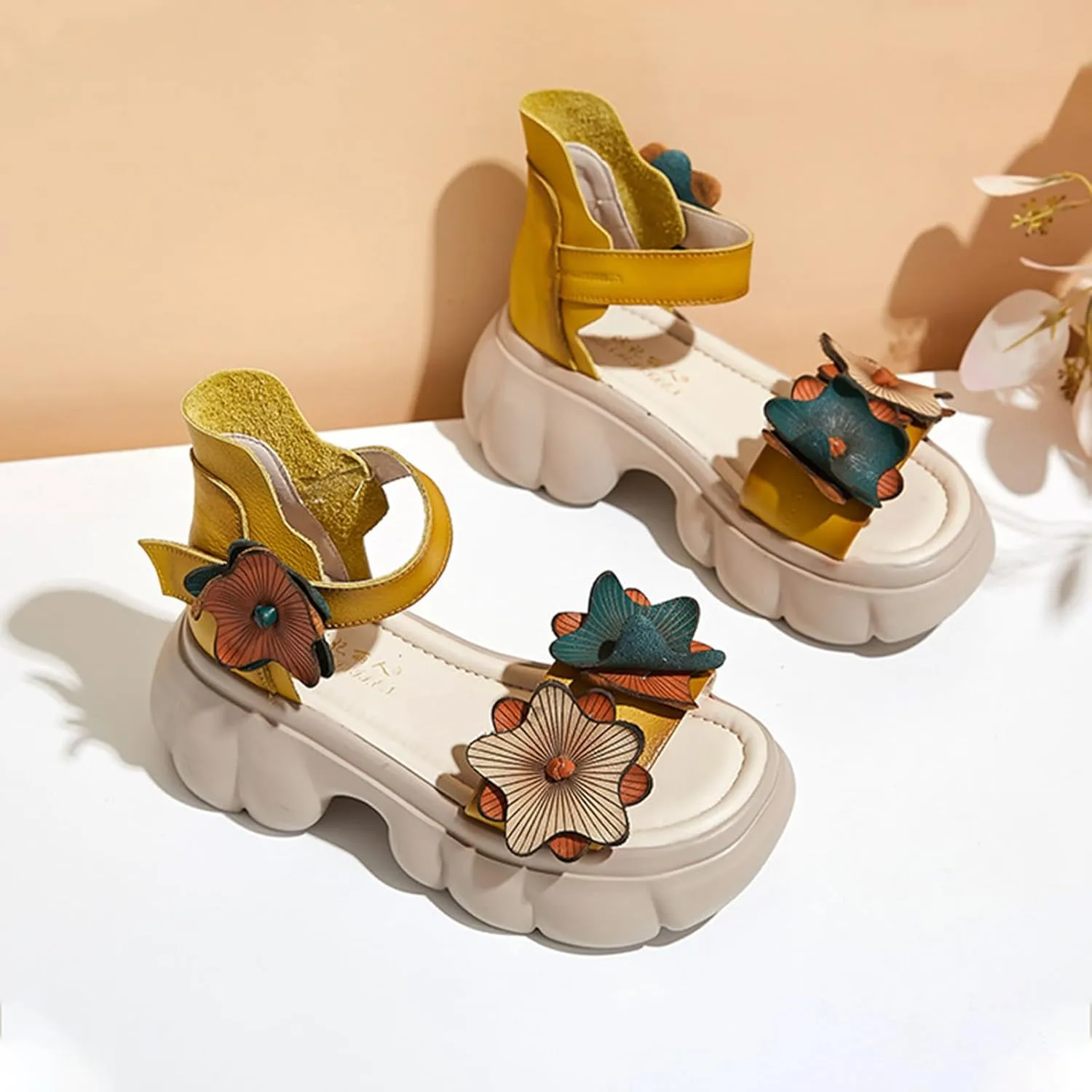 Women's Genuine Leather Platform Flower Sandals with Adjustable Hook Loop Round Open Toe Soft Sole Non-Slip Summer Casual High Top Dressy Roman Sandals