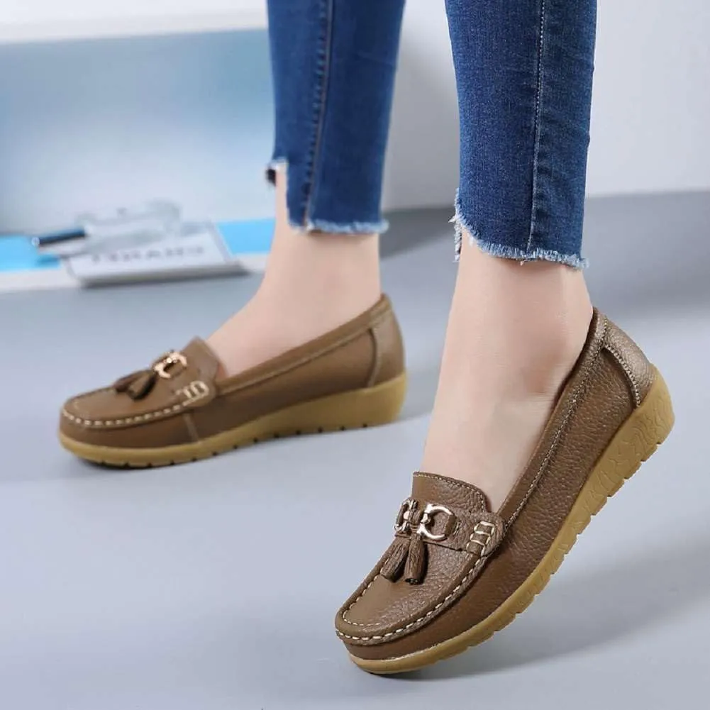 Women's Genuine Leather Platform Loafers Classic Casual Comfort Slip-On Shoes Soft Sole Dress Shoes