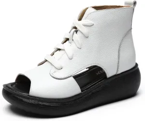 Women's Genuine Leather Wedge Fish Mouth Roman Sandals Comfortable High Top Thick Bottom Thin Strap Gladiator Open Toe Walking Sandals