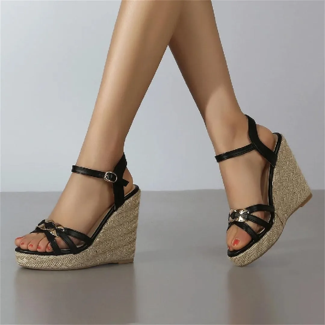 Women's Knitted Open Toe Wedge Sandals With 8Cm High Heel And 3-5Cm Platform Casual Large Size Wedge Shoes