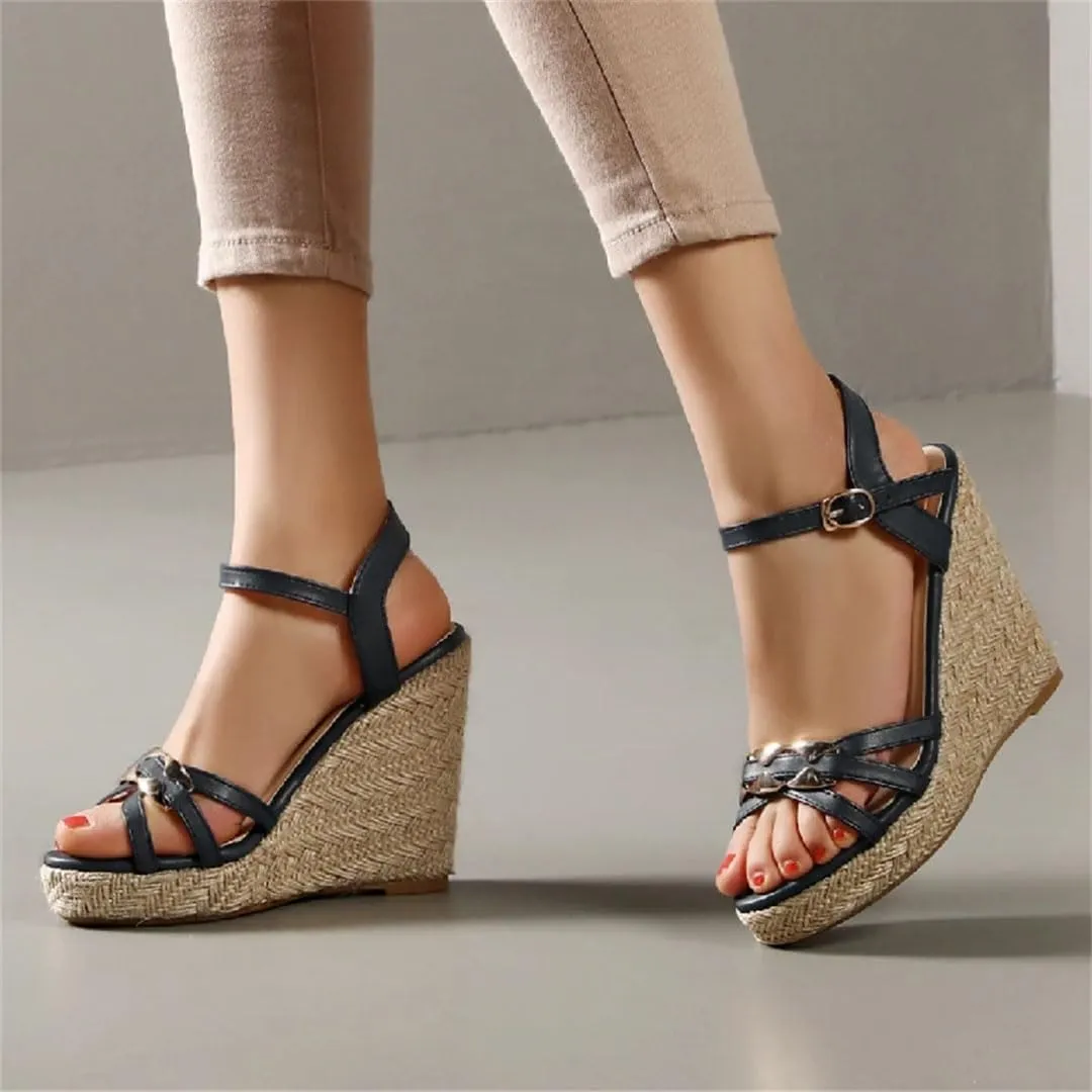 Women's Knitted Open Toe Wedge Sandals With 8Cm High Heel And 3-5Cm Platform Casual Large Size Wedge Shoes