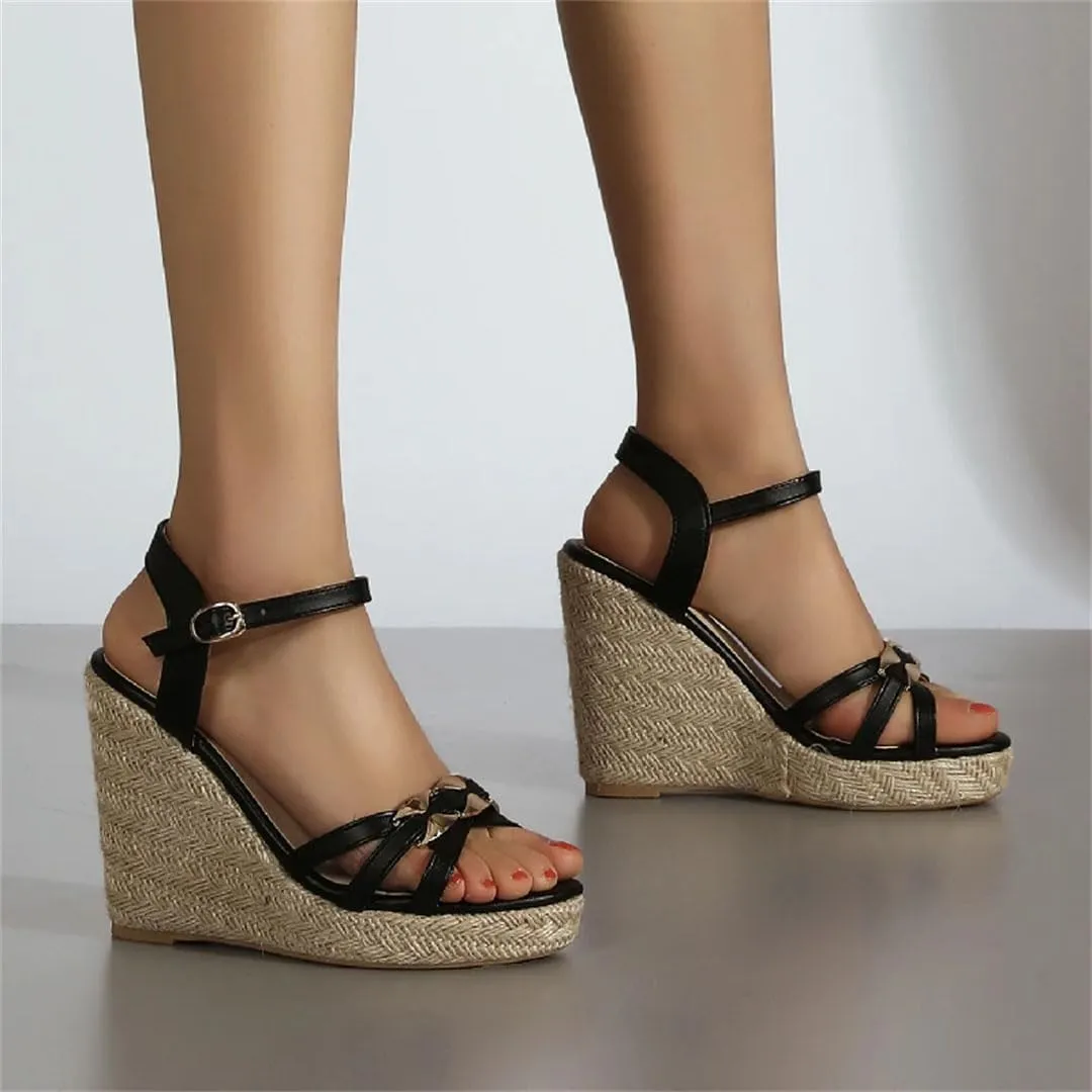 Women's Knitted Open Toe Wedge Sandals With 8Cm High Heel And 3-5Cm Platform Casual Large Size Wedge Shoes
