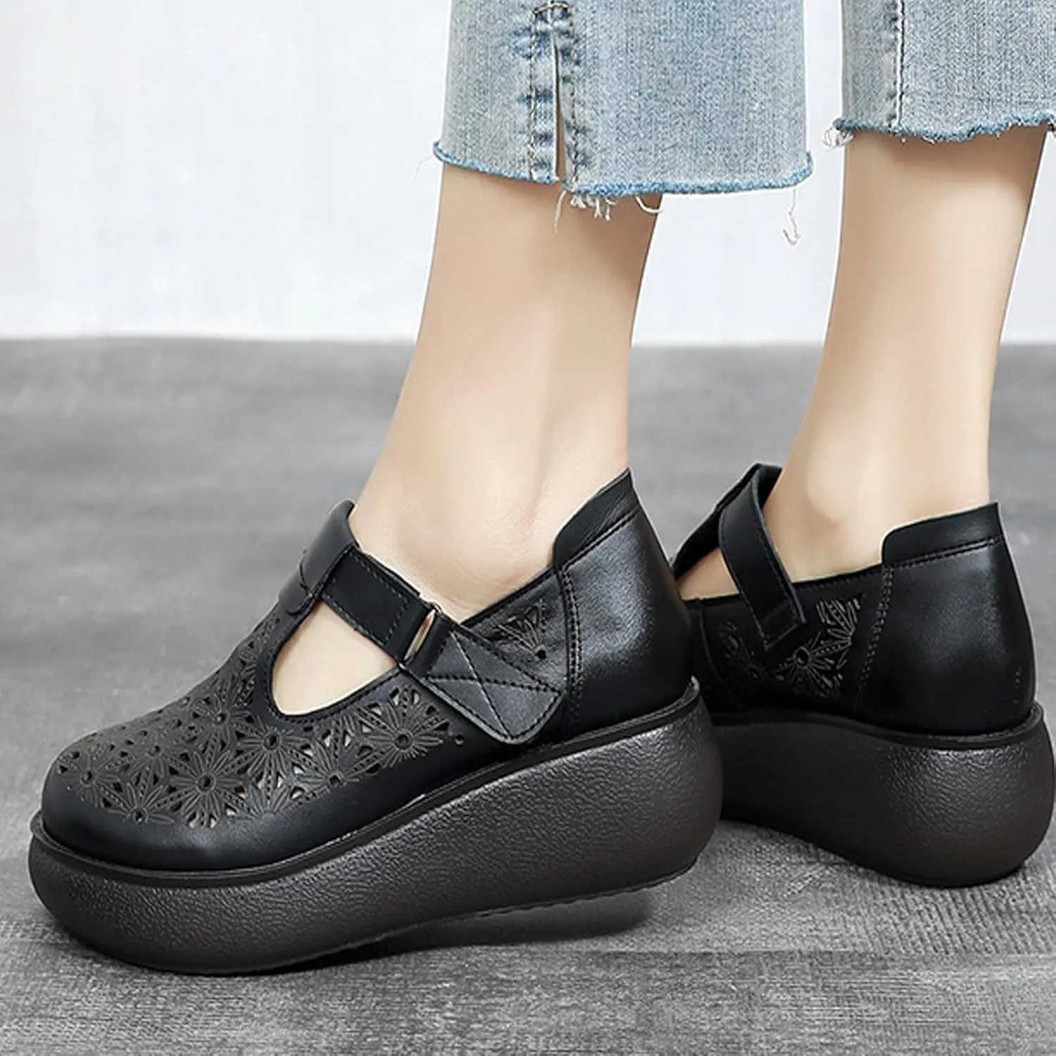 Women's Leather Hollow Platform Rocking Walking Orthopedic Loafers with Adjustable Hook and Loop Comfort Round Toe Breathable Soft Non-Slip Bottom Chunky Wedge Heel Slip-On Casual Sneakers