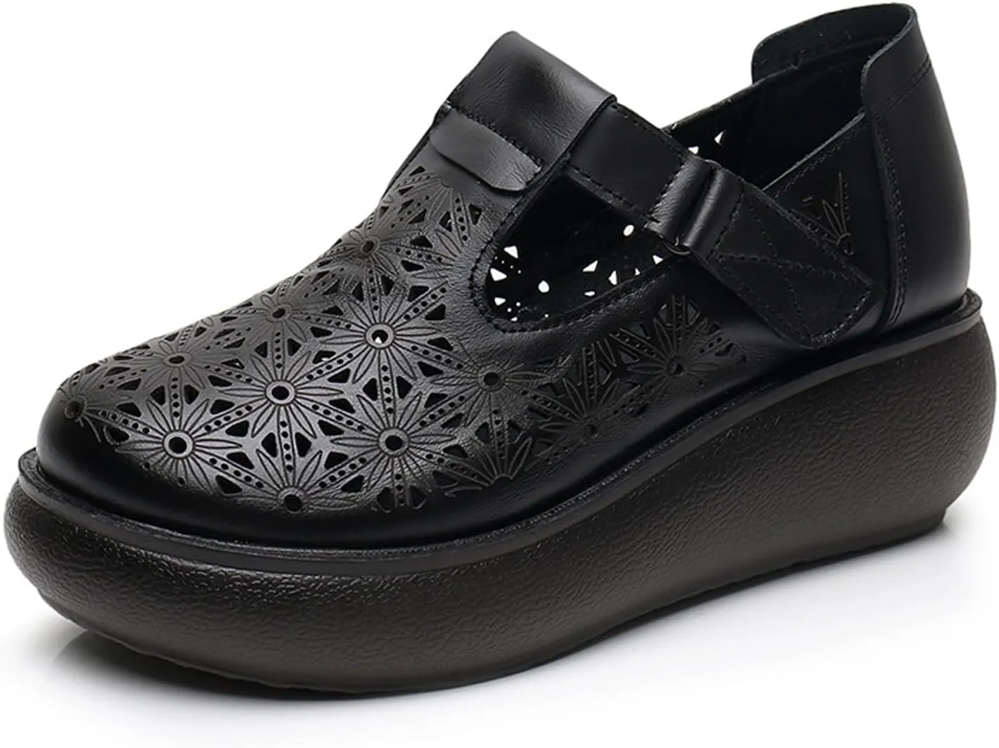 Women's Leather Hollow Platform Rocking Walking Orthopedic Loafers with Adjustable Hook and Loop Comfort Round Toe Breathable Soft Non-Slip Bottom Chunky Wedge Heel Slip-On Casual Sneakers