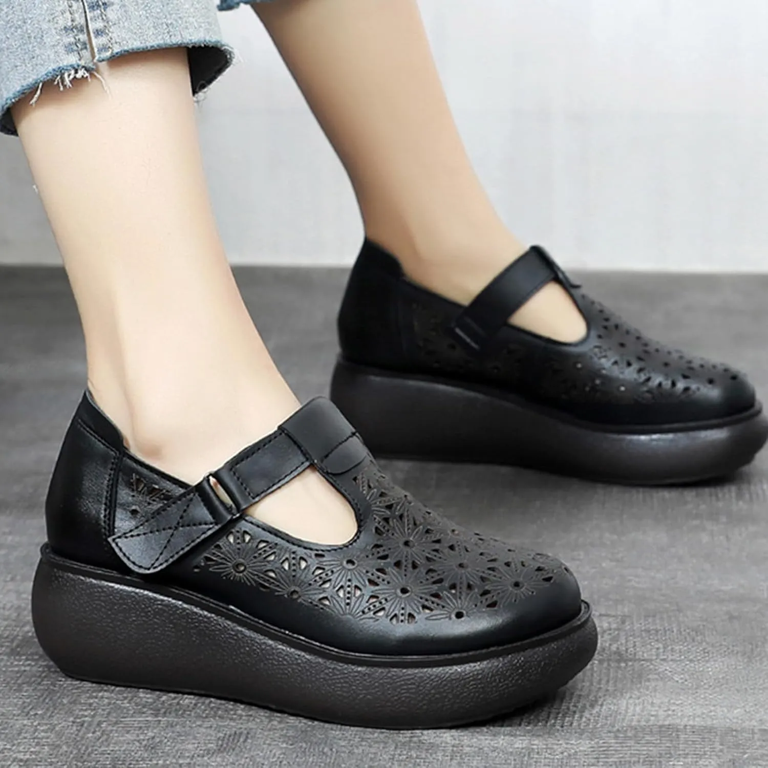 Women's Leather Hollow Platform Rocking Walking Orthopedic Loafers with Adjustable Hook and Loop Comfort Round Toe Breathable Soft Non-Slip Bottom Chunky Wedge Heel Slip-On Casual Sneakers