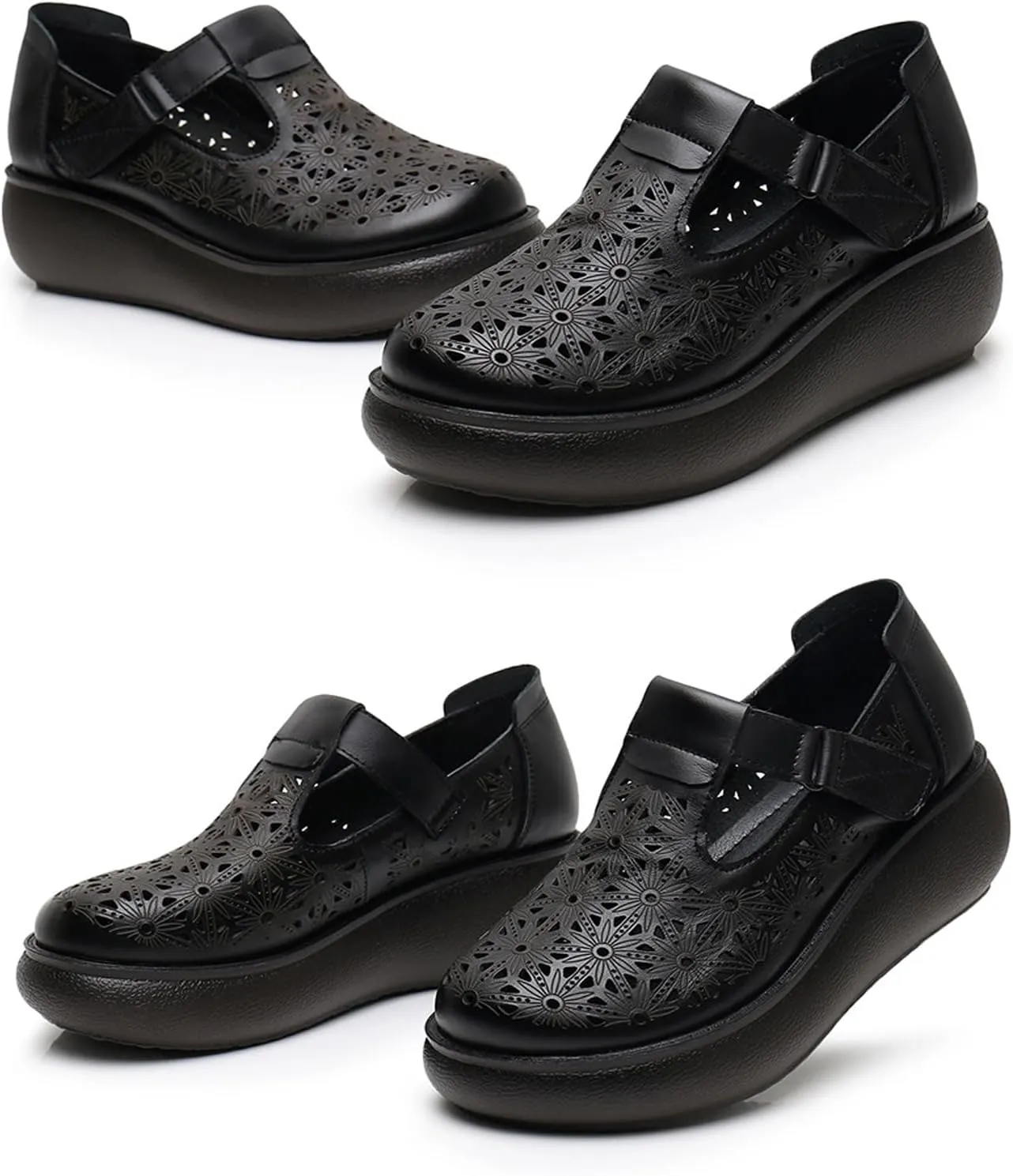 Women's Leather Hollow Platform Rocking Walking Orthopedic Loafers with Adjustable Hook and Loop Comfort Round Toe Breathable Soft Non-Slip Bottom Chunky Wedge Heel Slip-On Casual Sneakers