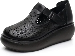 Women's Leather Hollow Platform Rocking Walking Orthopedic Loafers with Adjustable Hook and Loop Comfort Round Toe Breathable Soft Non-Slip Bottom Chunky Wedge Heel Slip-On Casual Sneakers