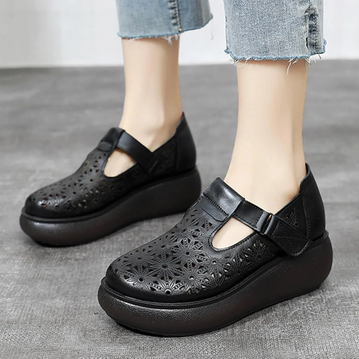 Women's Leather Hollow Platform Rocking Walking Orthopedic Loafers with Adjustable Hook and Loop Comfort Round Toe Breathable Soft Non-Slip Bottom Chunky Wedge Heel Slip-On Casual Sneakers