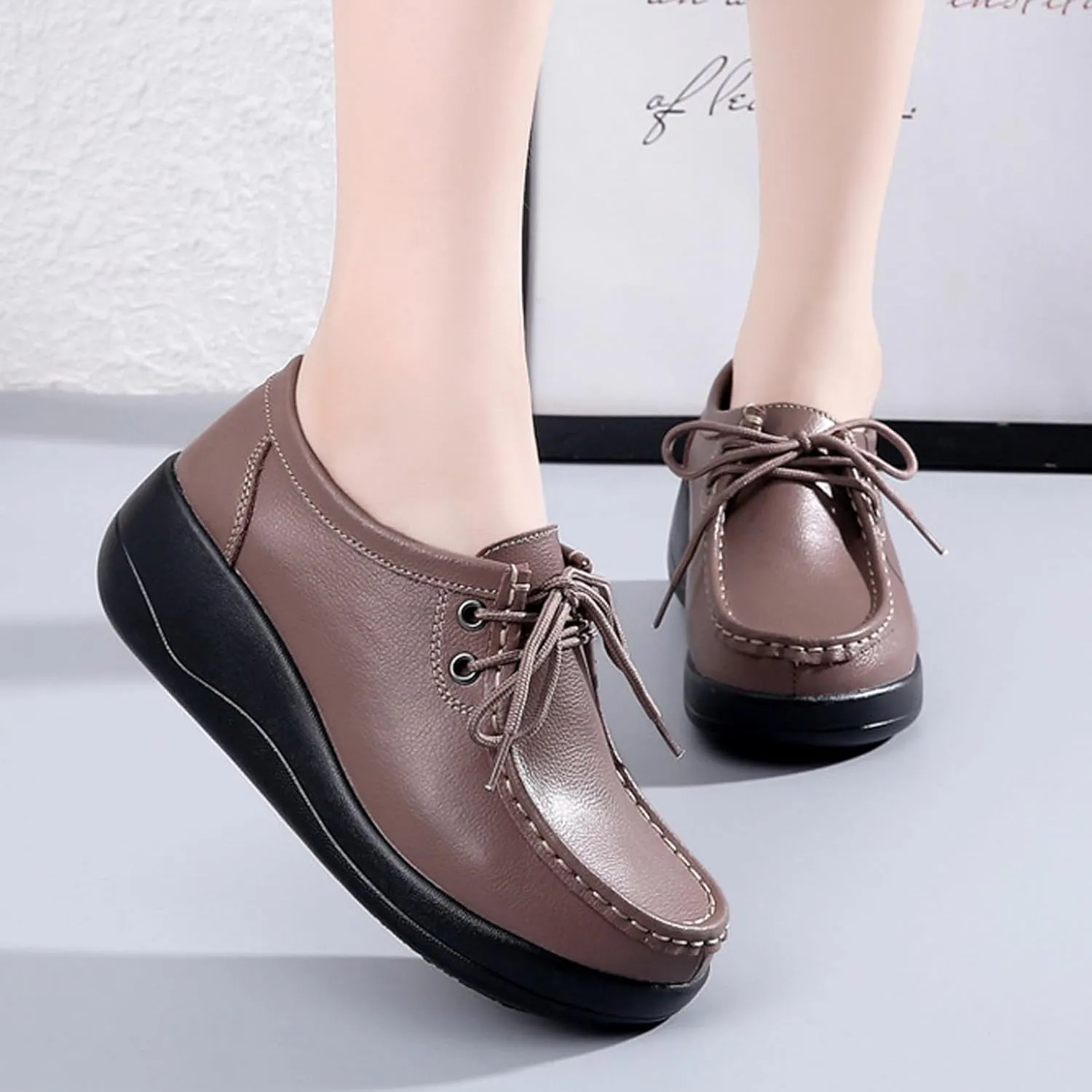 Women's Leather Lace up Slip On Platform Loafers,Comfortable Arch Support Round Toe Wedge Moccasins Non-Slip Increase Height Nurse Work Shoes