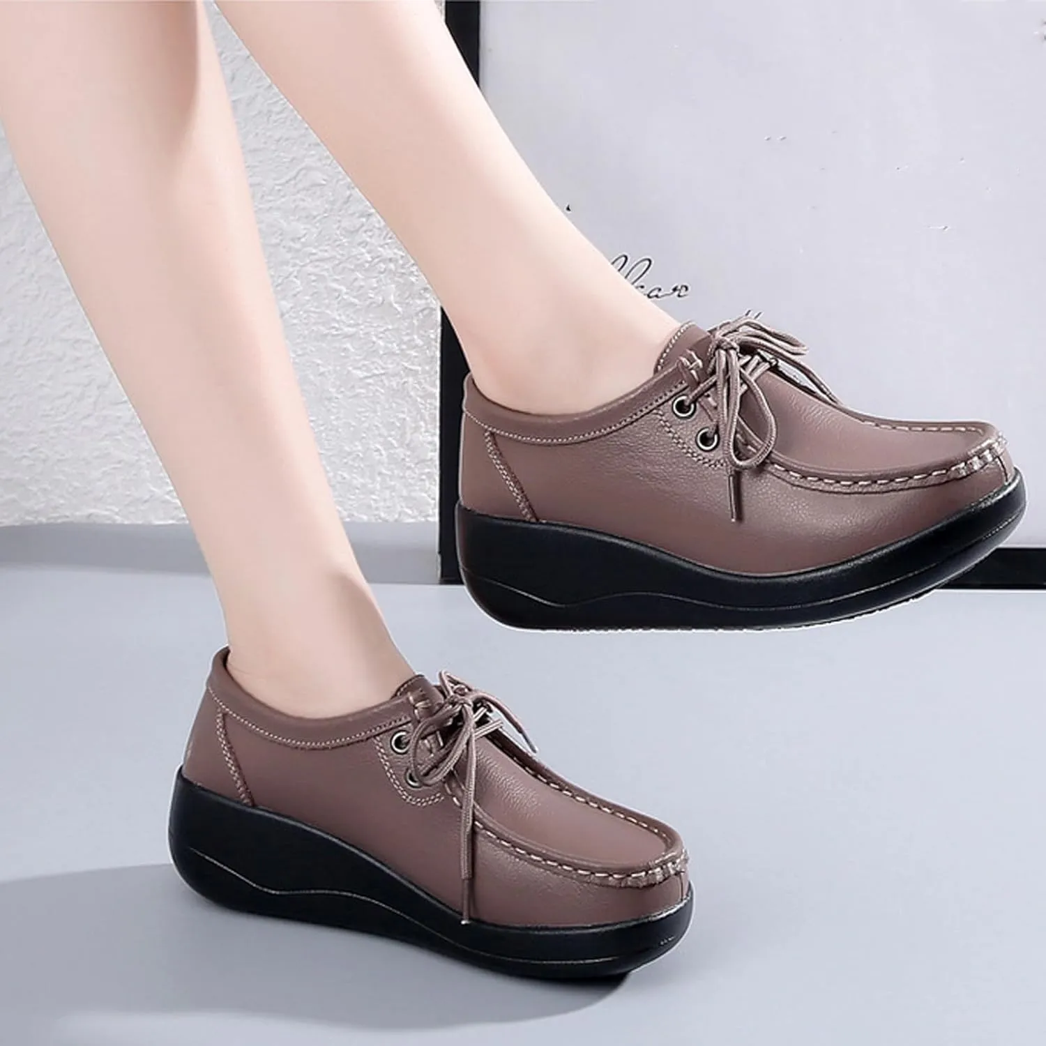 Women's Leather Lace up Slip On Platform Loafers,Comfortable Arch Support Round Toe Wedge Moccasins Non-Slip Increase Height Nurse Work Shoes