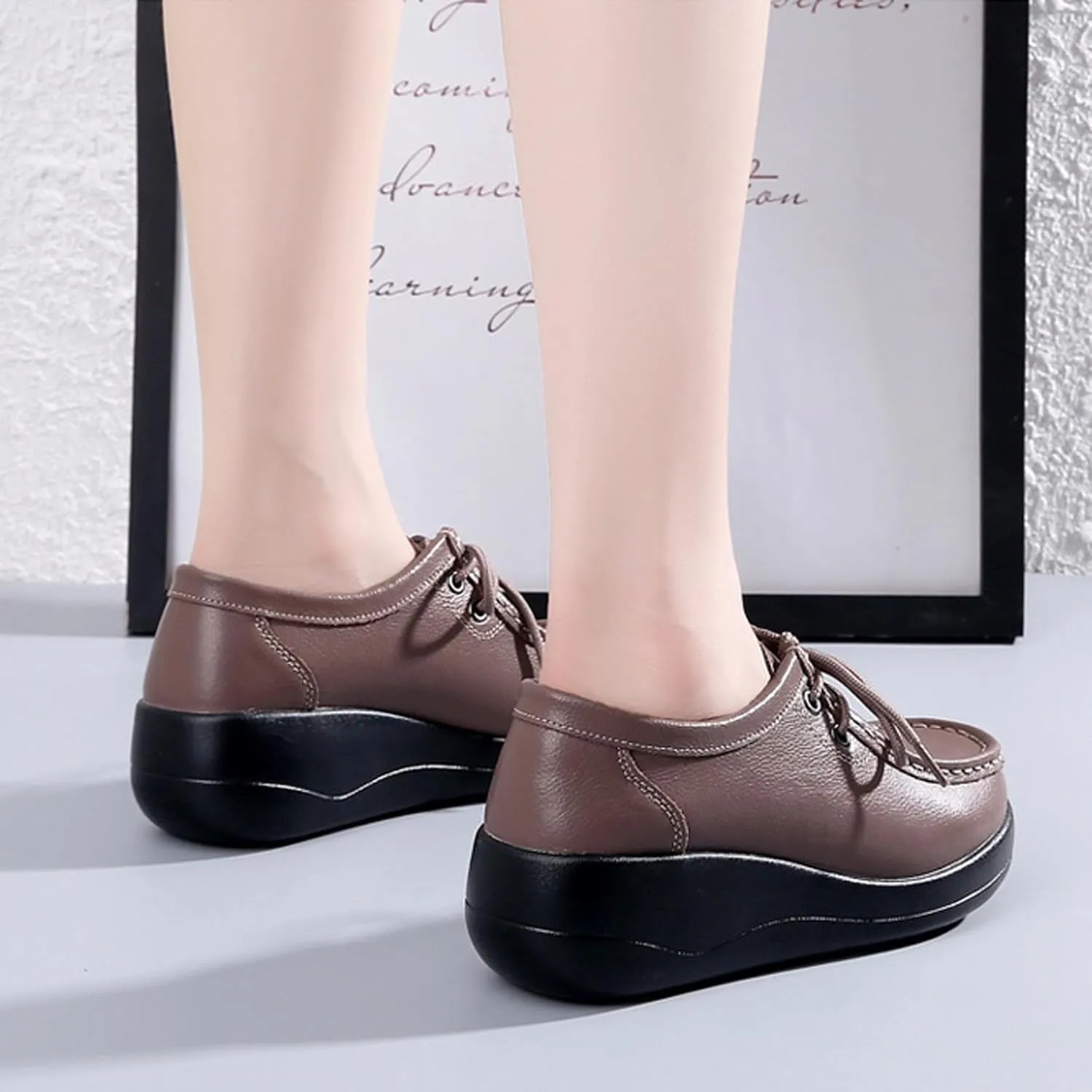 Women's Leather Lace up Slip On Platform Loafers,Comfortable Arch Support Round Toe Wedge Moccasins Non-Slip Increase Height Nurse Work Shoes