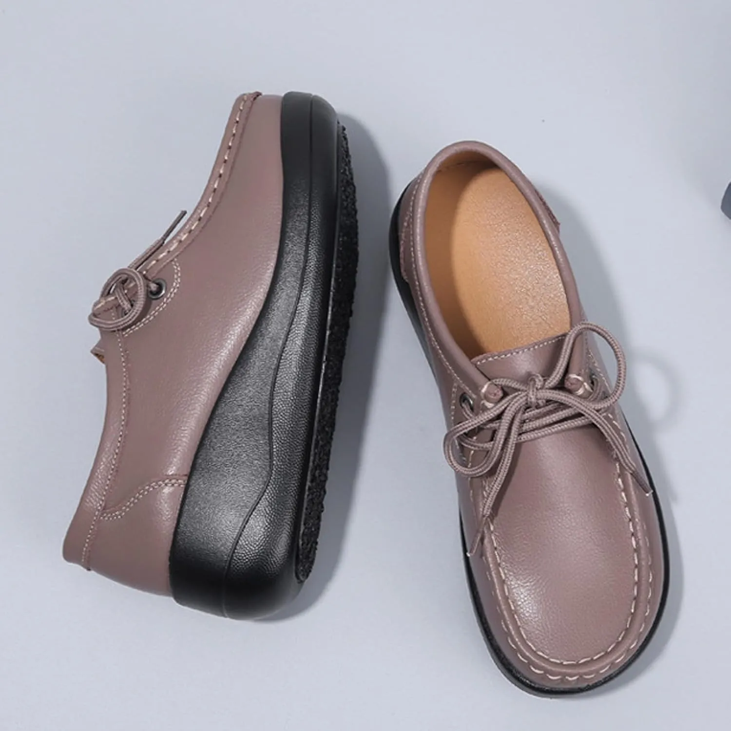 Women's Leather Lace up Slip On Platform Loafers,Comfortable Arch Support Round Toe Wedge Moccasins Non-Slip Increase Height Nurse Work Shoes