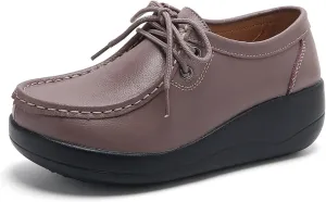 Women's Leather Lace up Slip On Platform Loafers,Comfortable Arch Support Round Toe Wedge Moccasins Non-Slip Increase Height Nurse Work Shoes