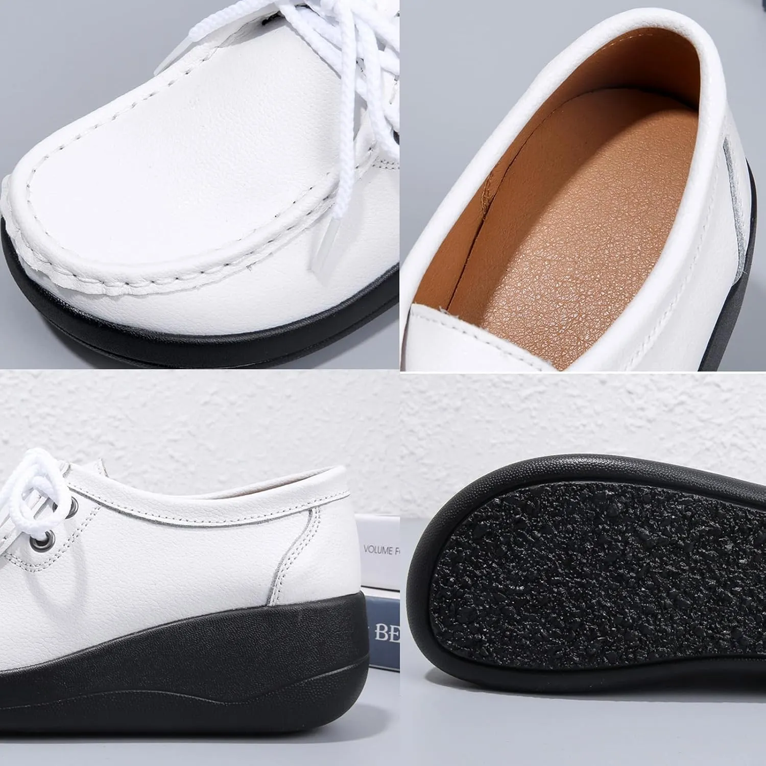 Women's Leather Lace up Slip On Platform Loafers,Comfortable Arch Support Round Toe Wedge Moccasins Non-Slip Increase Height Nurse Work Shoes
