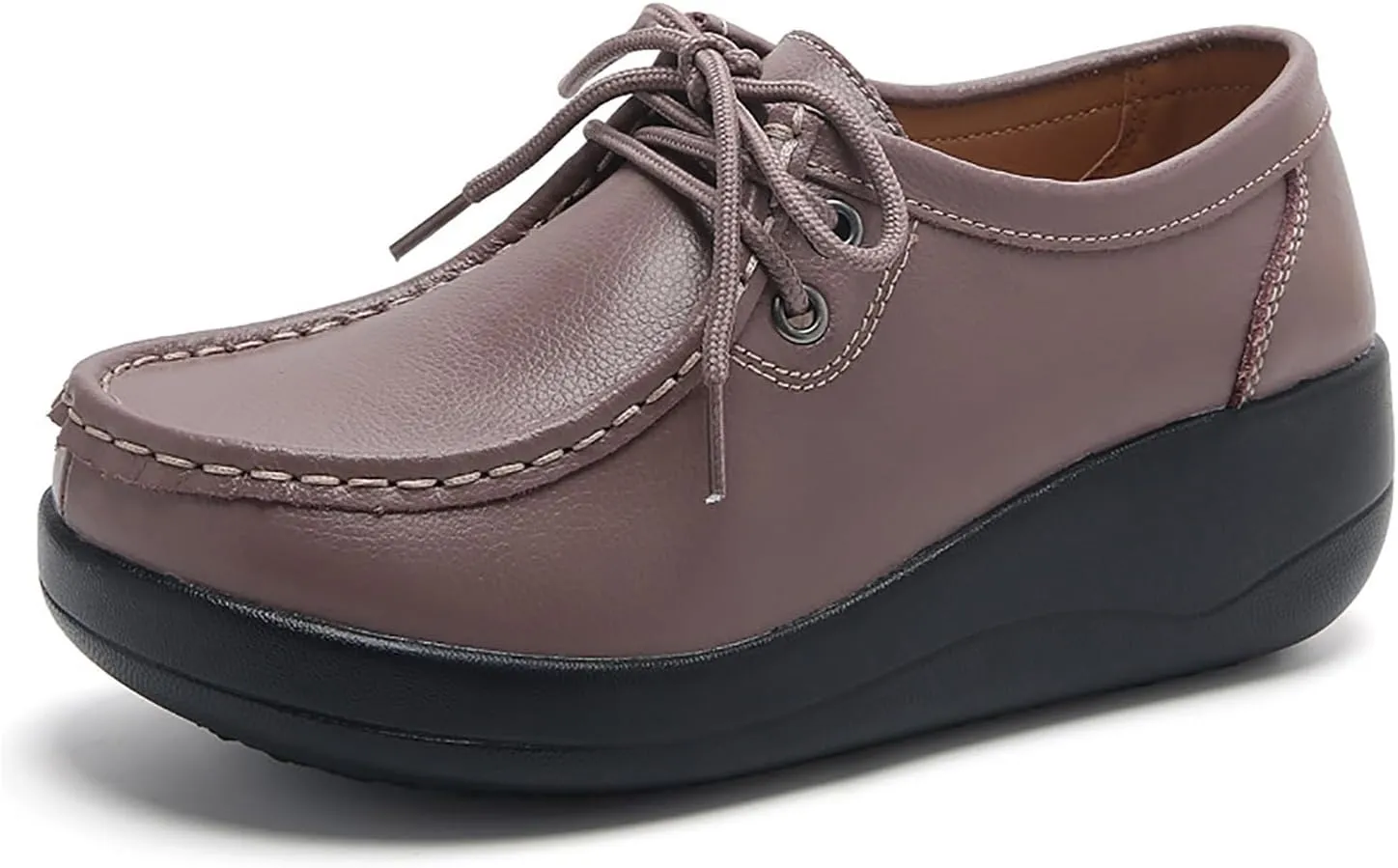 Women's Leather Lace up Slip On Platform Loafers,Comfortable Arch Support Round Toe Wedge Moccasins Non-Slip Increase Height Nurse Work Shoes