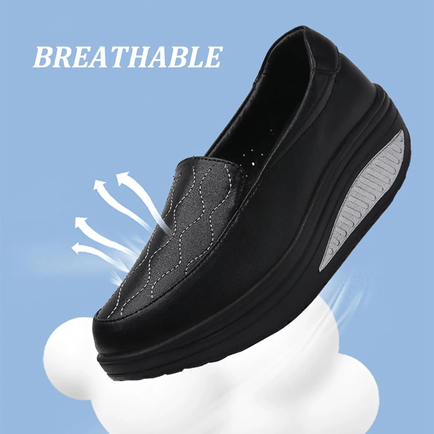 Women's Leather Platform Slip On Nurse Loafers Comfortable Lightweight Wedge Orthotic Sneakers Casual Rocker Shoes