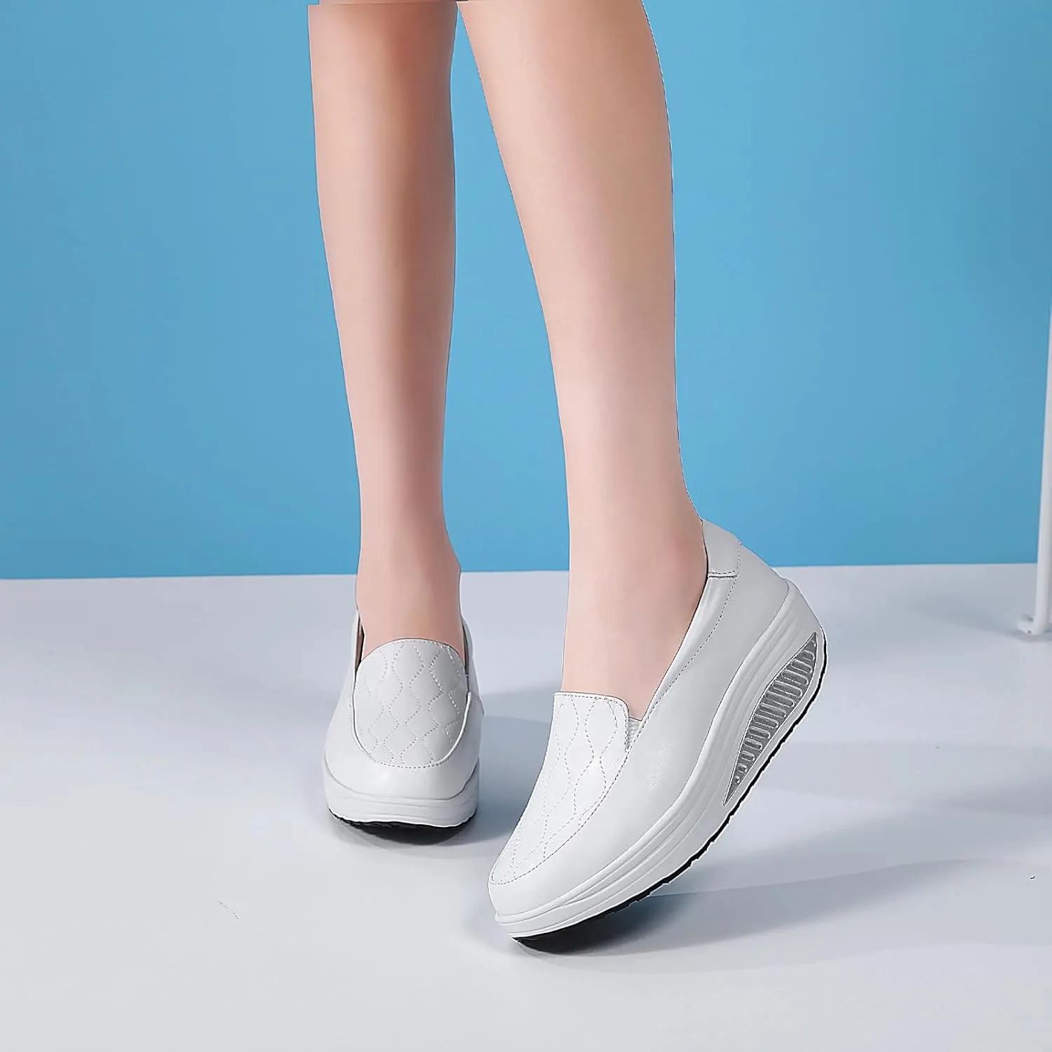 Women's Leather Platform Slip On Nurse Loafers Comfortable Lightweight Wedge Orthotic Sneakers Casual Rocker Shoes
