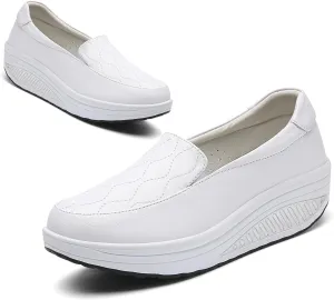 Women's Leather Platform Slip On Nurse Loafers Comfortable Lightweight Wedge Orthotic Sneakers Casual Rocker Shoes