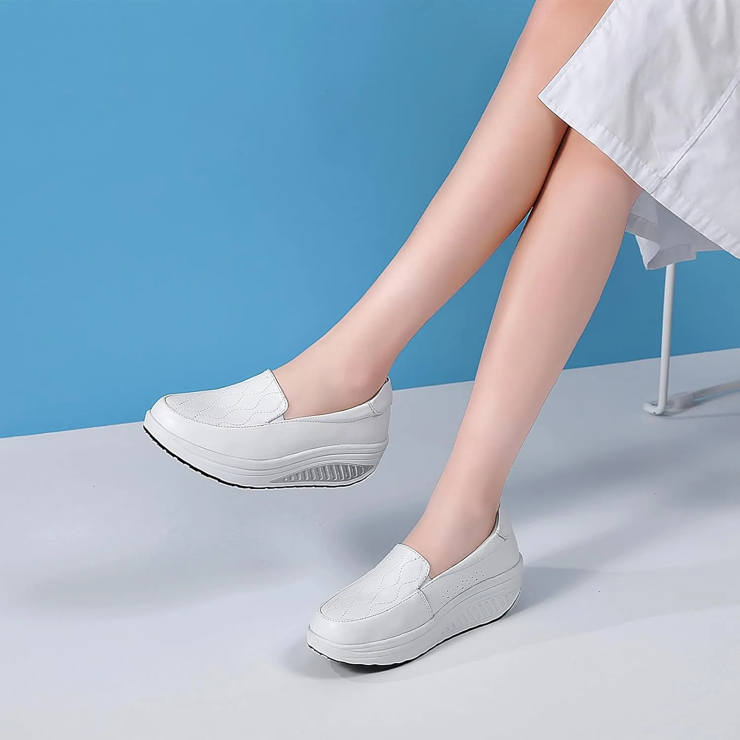 Women's Leather Platform Slip On Nurse Loafers Comfortable Lightweight Wedge Orthotic Sneakers Casual Rocker Shoes