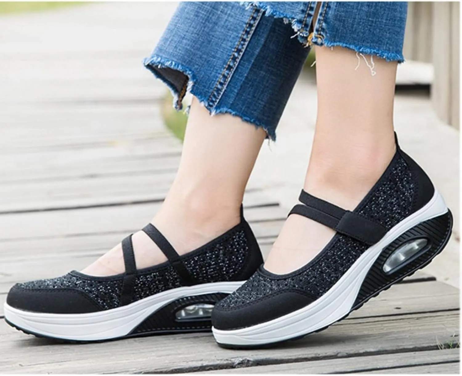 Women'S Mesh Hook and Loop Wedge Heel Platform Yaoyao Shoes Adjustable Lightweight Breathable Orthopedic Air Cushion Wedge Sneakers for Diabetes Arthritis Non Slip Nurse Shoes